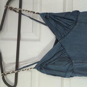 Bebe denim like, sweetheart corset chain romper